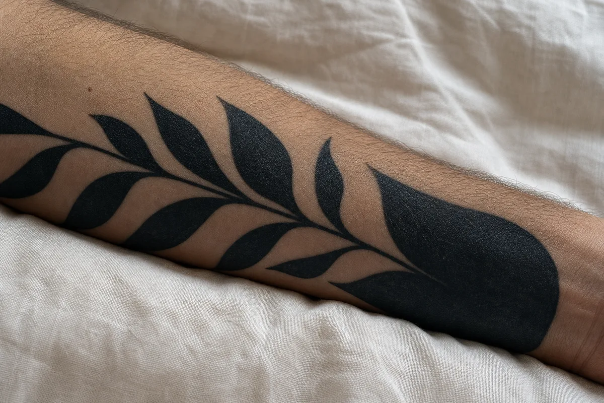 Avant-bras portant un tatouage blackwork sombre cicatrisé, posé sur un drap de lin clair