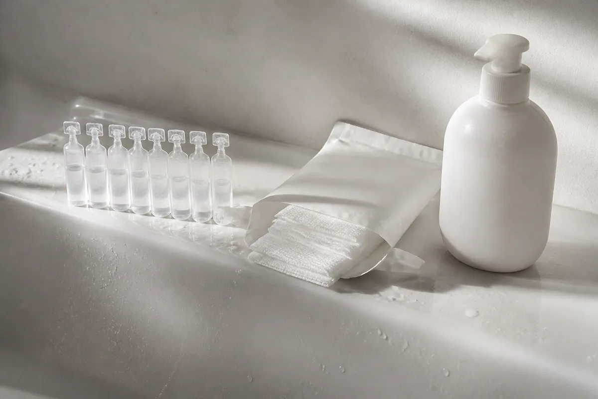 Compresses stériles, unidoses de sérum physiologique et savon doux posés sur une vasque claire de salle de bain