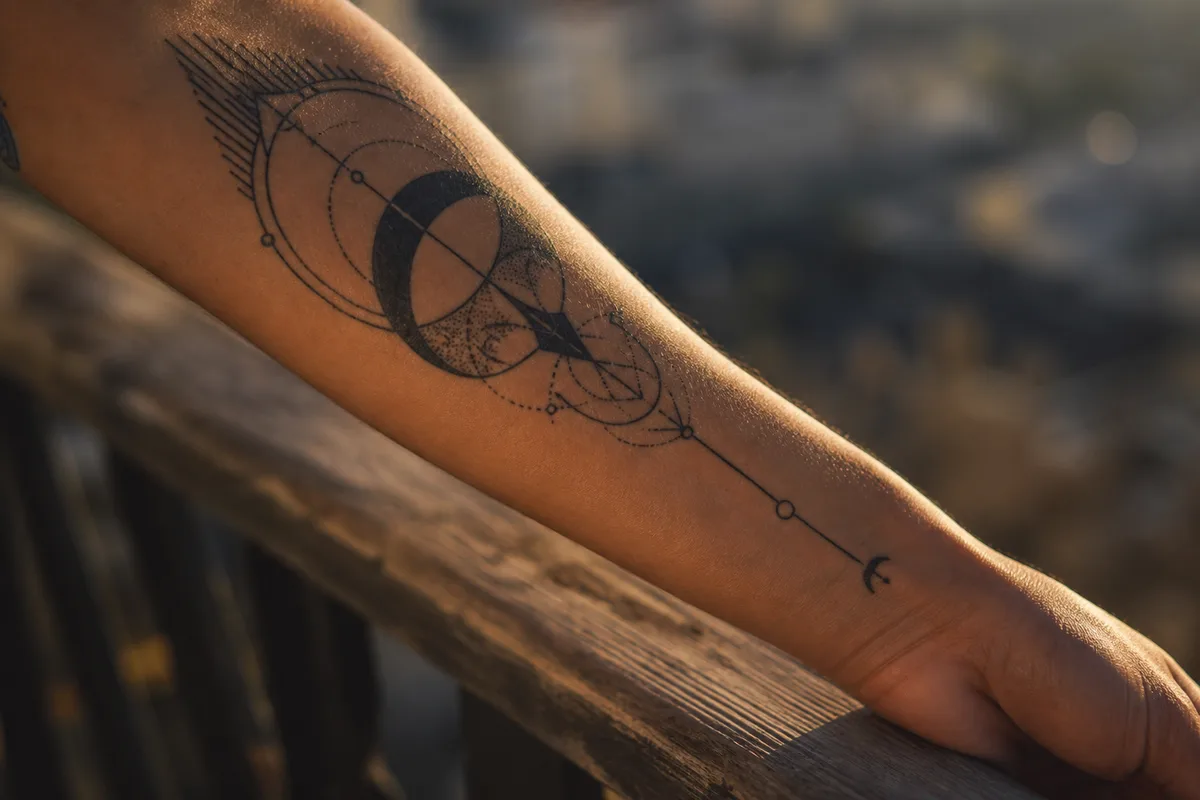 Avant-bras portant un tatouage noir cicatrisé, éclairé par une lumière rasante de fin d&rsquo;après-midi en extérieur