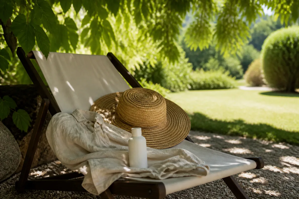 Chapeau à bords larges et chemise en lin posés sur une chaise longue à l&rsquo;ombre d&rsquo;un arbre, ambiance jardin en été