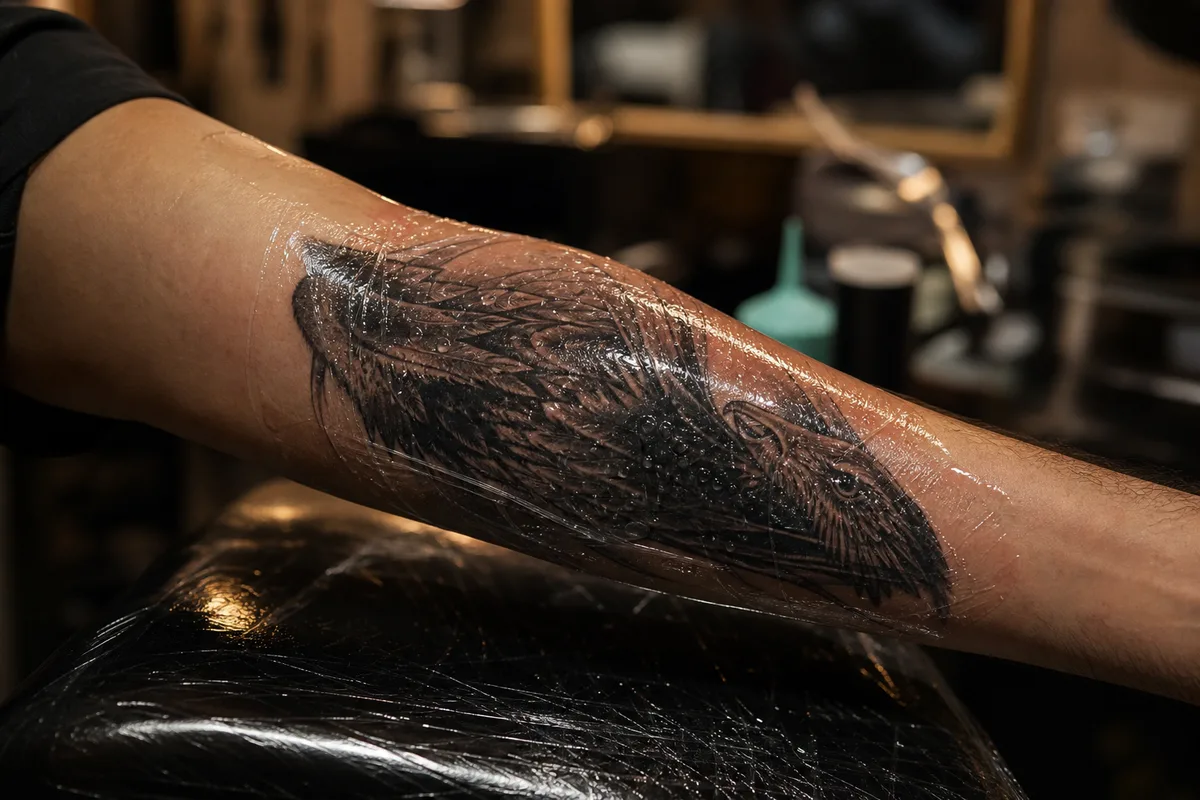 Bras tatoué fraîchement réalisé et protégé d’un film transparent en sortie de séance, lumière douce de studio